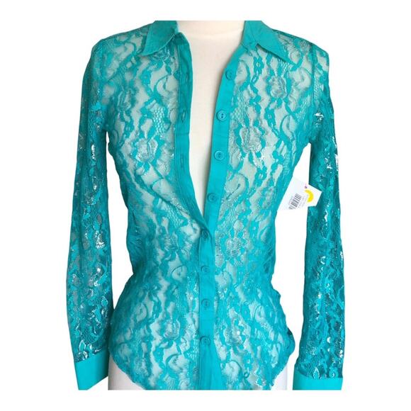Bongo Y2K Flair Emerald Lace Subtle Silver Metallic Collar Button-Up Shirt Small - Picture 2 of 9